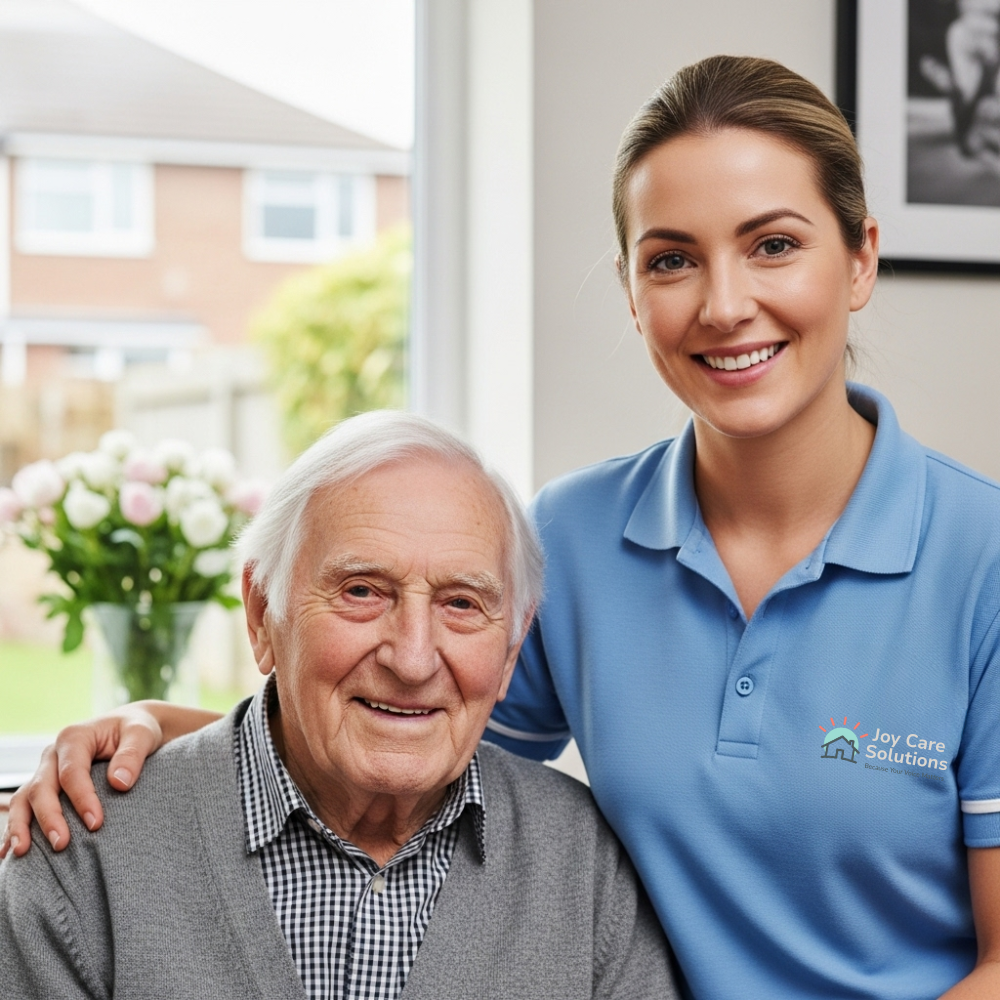 A friendly Joy Care Solutions carer with an elderly client in his home.
